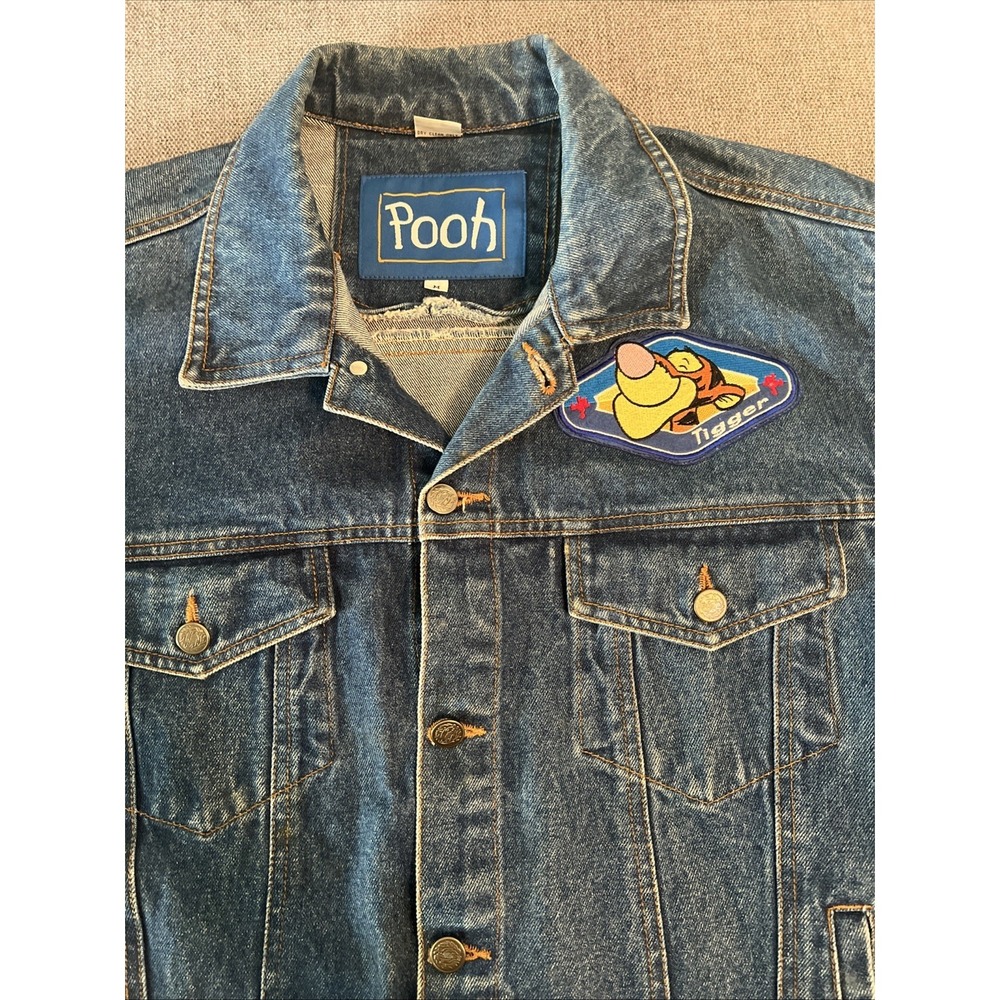 Disney Pooh Denim Jacket Tigger Patches Adult M 90's Trucker Vintage